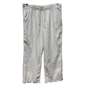 LL Bean Linen Pants Women Sz 18 Beige Striped Wide Leg Pull On Coastal Lagenlook